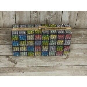 Caleesa Squares Rainbow Rhinestone Metal Shoulder Clutch Crossbody Purse